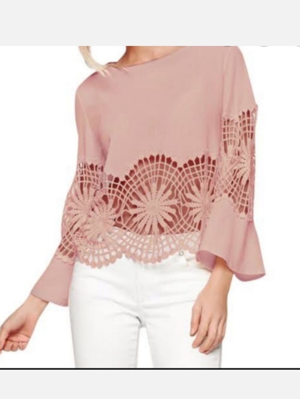Venus Blush Pink Crochet Lace Hem Boho Beachy Bell Top Blouse Large